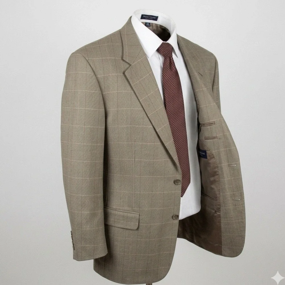 Izod of London Tan 38R Linen Window Pane Plaid Blazer Sport Mens‎ Suit Jacket
